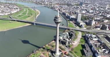 Dusseldorf rhine tower, icon on the city. Birds eye view over the city. Urban city view.