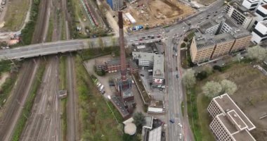 Aerial city warming, thermal heating installation in the city of Essen, Germany. Household energy. Birds eye view.