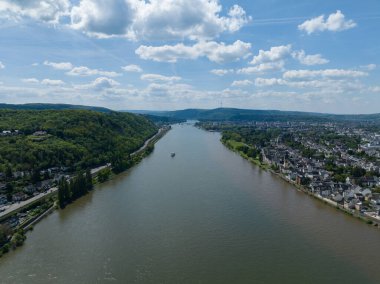 Rhine river at Koblenz, Germany, with a focus on aerial view. clipart