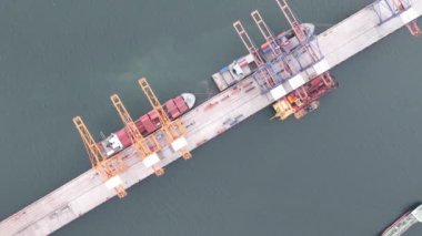 Deniz limanı havadan yükleme ve boşaltma zamanaşımı. Gemilerin yükünü vinçlerle taşıyan kamyonlar. Tayland.