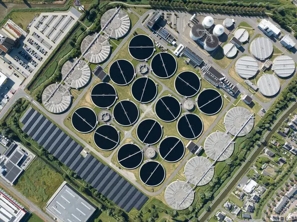 stock image Waste water treatment plant, Harnaschpolder, The Netherlands, aerial drone video.