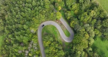 Eifel tepelerinden ve ormandan geçen yol, asfalt köşeler. Hava aracı videosu.