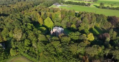 Moersbergen kalesi, Doorn, Utrechtse Heuvelrug çevresindeki ormanda. Hava aracı videosu.