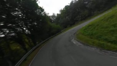 Alman Ormanı 'ndaki kıvrımlı yılan eifel yolları boyunca FPV drone videosu. Hız ve dinamik.