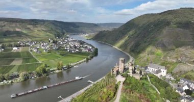 Burg Metternich 'in hava aracı videosu, Moselle Vadisi' nin üzüm bağları üzerinde geniş görüşlü bir tepenin üzerindeki ortaçağ şatosunun kalıntıları. Peyzaj genel görünümü.