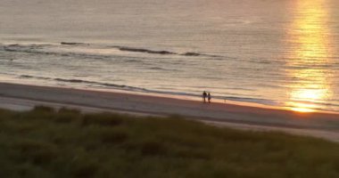 Çiftin altın saat gün batımında romantik sahil yürüyüşü görüntüsü..