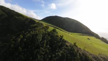 Uçurumlar, açore kıyılarına, okyanusa ve yeşil kayalıklara dalıyor. Hava FPV İHA uçuşu