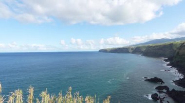 Adanın kayalıkları olan sahil şeridi Sao Miguel, Azores. Kayalar ve vahşi okyanus, yeşil çayırlar güneşli hava. Döndürme görünümü.