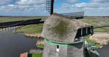 Hollandalı polen manzaralı tarihi yel değirmeni, miras, klasik yel değirmeni. Geleneksel Hollanda. Hava aracı görünümü.