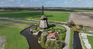 Hollandalı polen manzaralı tarihi yel değirmeni, miras, klasik yel değirmeni. Geleneksel Hollanda. Hava aracı görünümü.