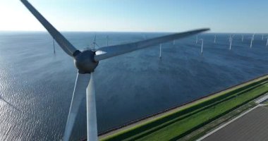 Temiz enerji, suda rüzgar enerjisi, rüzgar türbinleri, Hollanda, hava aracı videosu. Enerji geçişi. İklim değişikliği çözümü. Rüzgardan gelen enerji. Hava aracı görünümü.