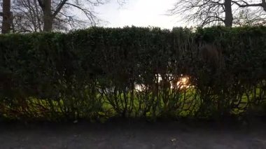 Glucksburg Şatosu, tarihi anıt kale ve kale gölü, günbatımı manzaralı, Kuzey Almanya Flensburg yakınlarında. Bakış açısı.
