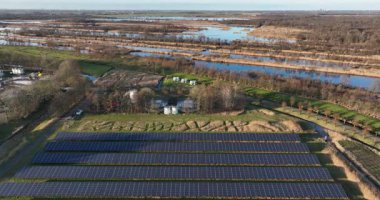 Hollanda doğasındaki güneş panelleri, yeşil elektrik, yenilenebilir enerji üretimi. Hava görünümü.
