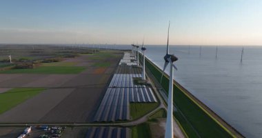 Rüzgar türbinleri ve güneş panelleri, enerji geçişi. Hollanda 'da yeşil yenilenebilir enerji. Hava görünümü.