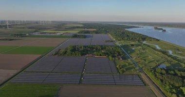 Güneş panelleri, büyük alan, güneş çiftliği, güneşten gelen enerji, doğadan gelen elektrik. Hava aracı görünümü.