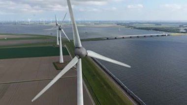 Su hattı boyunca rüzgar türbinleri, temiz enerji, enerji geçişi. Hava aracı görünümü.