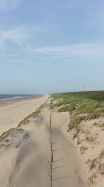 Kumullar, kuzey denizi boyunca kıyı şeridi. Kum Sahil, Hollanda. Dikey hava aracı videosu.