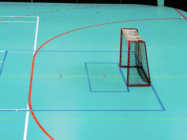 Floorball hockey court indoor hall with gate. The school gym for children school teams play