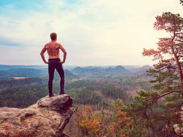 Shirtless hiker hold arms as akimbo at end of rocky cliff. Half naked man holds his hands on his hips and watch into the landscape.