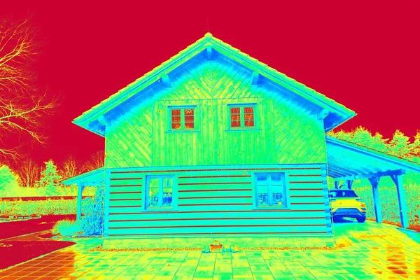 stock image Heat Leak Infrared Detection  of beams in wooden wall. Traditional construction of timber house in thermography scan.