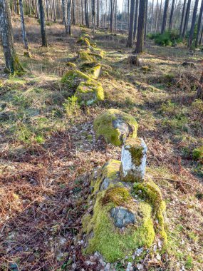 Çek sınırında taş sıraları. Eski Alman Çek sınır taşları sonbahar günü kayalıklarda