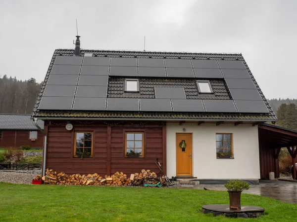 Solar Panel Black Roof Small Roof Windows Cloudy Sky Dark — Stock Photo, Image