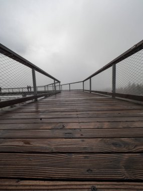 Ağaç tepelerinde yol. Tekerlekli sandalyeler için tahta kalaslar. Tahta ve tel bariyer ziyaretçiler için serbest yol.