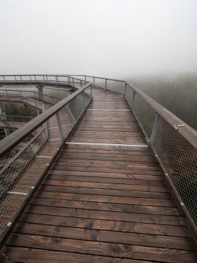 Ağaç tepelerinde yol. Tekerlekli sandalyeler için tahta kalaslar. Tahta ve tel bariyer ziyaretçiler için serbest yol.