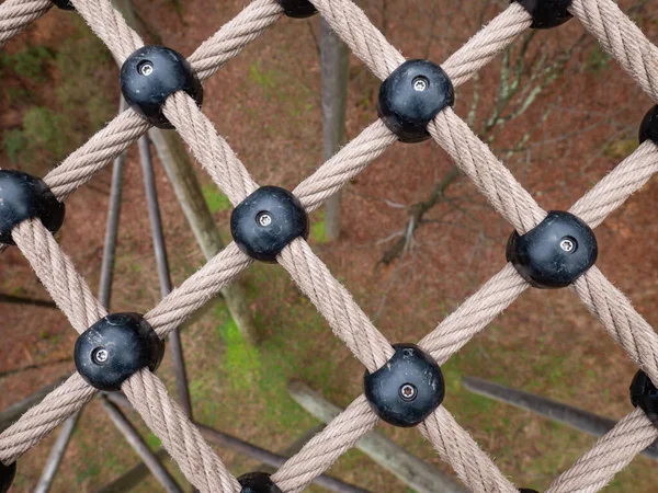 安全網内のロープのねじ込み鋼プラスチックポイント地上20メートル 木の上の網 — ストック写真