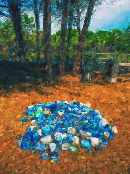 Pile of blue stones on the beach. Stones grouped in the shade of a tree.  Watercolor paint. Paint effect.