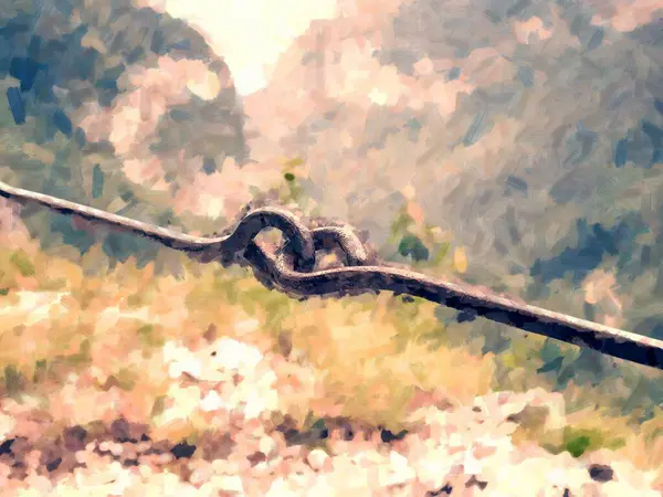 Rope and shackles anchored in hard dolomite limestone rock. Climbers path via ferrata. Iron chain and ropes fixed in block.  Watercolor paint. Paint effect.
