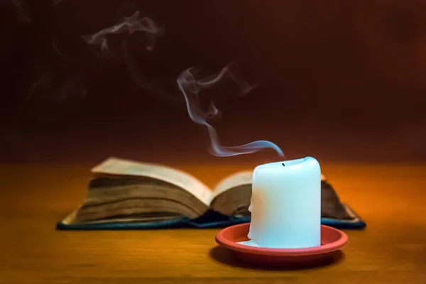 Religious Concept Bible Blown Out Candle Old Wooden Table Beautiful — Stock Photo, Image