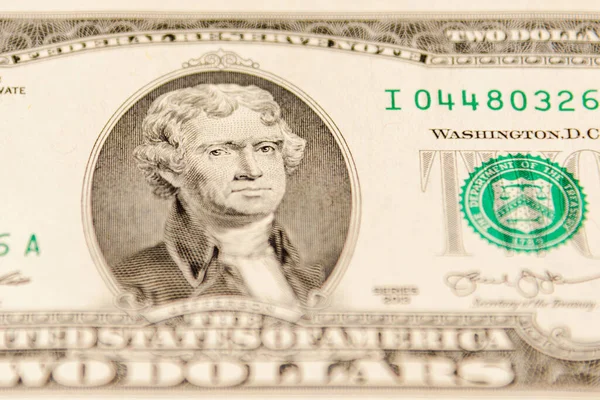 Χαρτονόμισμα Δύο Δολαρίων Σειράς Τραπεζογραμματίων 2013 Πορτρέτο Του Προέδρου Thomas — Φωτογραφία Αρχείου