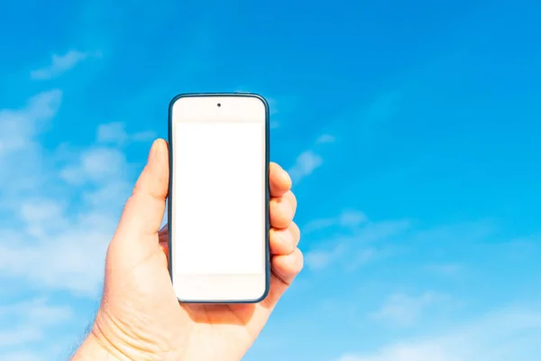 Mockup Bild Der Hand Hält Weißes Mobiltelefon Mit Leerem Weißen — Stockfoto