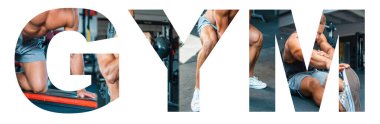 Çeşitli bir grubun spor salonunda spor salonundaki kolajı, spor fotoğraflarından oluşan kavramsal kolaj, GYM yazılı beyaz arka plan şeklinde birleştirilir..