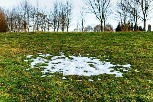 Última Nieve Derretida Hierba Primavera Nieve Dejada Primavera Fondo Abstracto — Foto de Stock