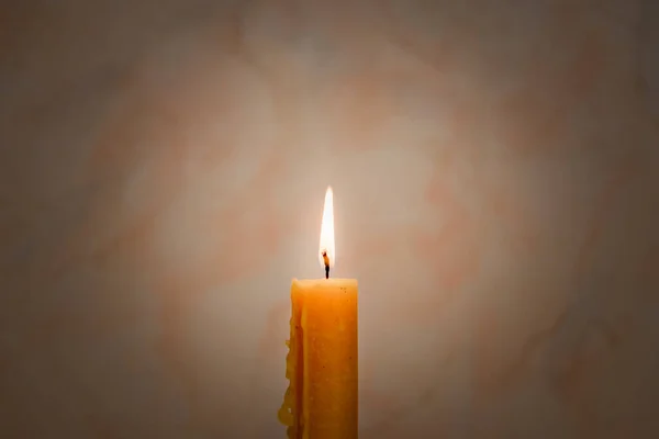 Candle Light Spirituality Ceremony Grey Blurred Background Hot Wax Drips — Stock Photo, Image