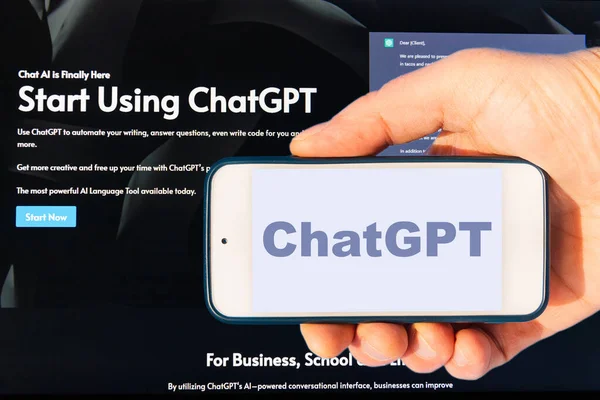 Ekran ChatGPT, yapay zekayla sohbet, yapay zeka. OpenAI tarafından geliştirilen yapay zeka sohbet robotu kullanılarak erkek araştırması. Telsiai, Litvanya.02-24-2023.