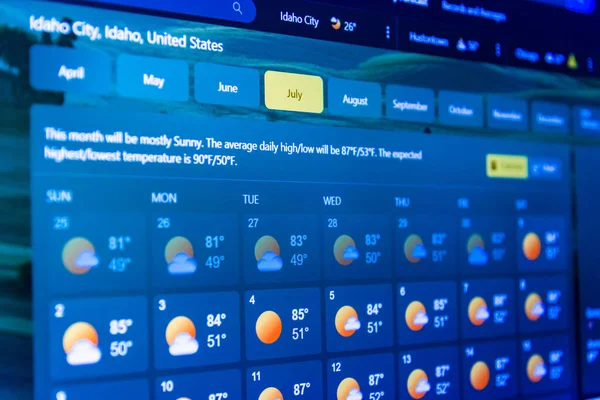 stock image Weather forecast interface on a modern digital screen display showing hot weather for the July.Temperature is displayed in USA,North America area in Fahrenheit.Selective focus.