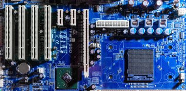 Mantık kartı, Cpu ana kartı, ana kart, sistem kartı, mobo. Elektronik devre ve dijital veri kavramı. Banner, reklam. Seçmeli odak.