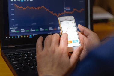 Ticaret ve finans kavramı. İşadamı akıllı telefonu ve dizüstü bilgisayarı ile borsayı kontrol ediyor. Mali borsa alım satım işlemlerini analiz ediyor. Telsiai, Litvanya. 03-30-2023
