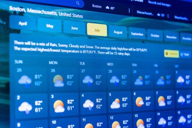Hava tahmini arayüzü, Temmuz ayı için sıcak hava durumunu gösteren dijital ekran ekranında. Sıcaklık Fahrenheit 'teki ABD, Kuzey Amerika bölgesinde gösteriliyor. Seçmeli odak noktası. Telsiai, Litvanya.04-05-2023.