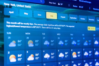 Hava tahmini arayüzü, Temmuz ayı için sıcak hava durumunu gösteren dijital ekran ekranında. Sıcaklık Fahrenheit 'teki ABD, Kuzey Amerika bölgesinde gösteriliyor. Seçmeli odak noktası. Telsiai, Litvanya.04-05-2023.