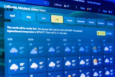 Hava tahmini arayüzü, Temmuz ayı için sıcak hava durumunu gösteren dijital ekran ekranında. Sıcaklık Fahrenheit 'teki ABD, Kuzey Amerika bölgesinde gösteriliyor. Seçmeli odak noktası. Telsiai, Litvanya.04-05-2023.