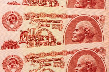 Eski Sovyet ruble banknotları üzerinde bir Lenin portresi. 10 ruble SSCB banknotu..