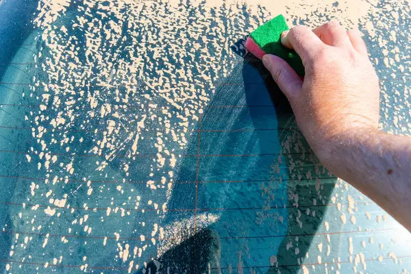 Ręka Mansa Gąbką Czyszcząca Przednią Szybę Samochodu Słoneczny Dzień Wczesne — Zdjęcie stockowe
