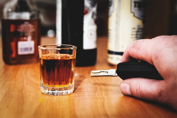 Drink Drive Drunk Man Hand Glass Alcohol Car Key Hand — Stock Photo, Image