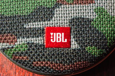 JBL Go 2 IPX7 Su geçirmez Bluetooth kamuflaj hoparlörü ahşap bir masaya yakın plan. Telsiai, Litvanya 06-29-2023.