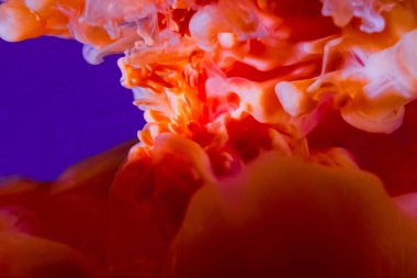 Sıvı damlası. Boya suyu. Renk patlaması. Sudaki turuncu akrilik mürekkep. Soyut sanat eserlerinde yüzen parlak sarı renkli mürekkep bulutu..