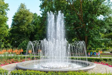 Parktaki çeşme. Şehir meydanındaki çeşme. Çeşmenin arka plan manzarası. Vilnius, Litvanya, 07-21-2023..